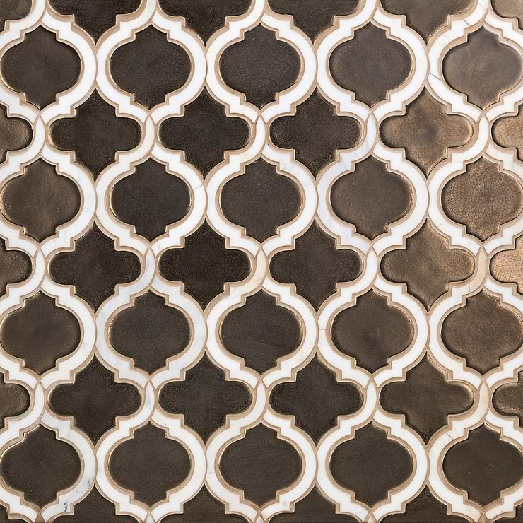 Nabi Arabesque Metallic Copper Brown 4" Mixed Finish Glass & Marble Mosaic Tile