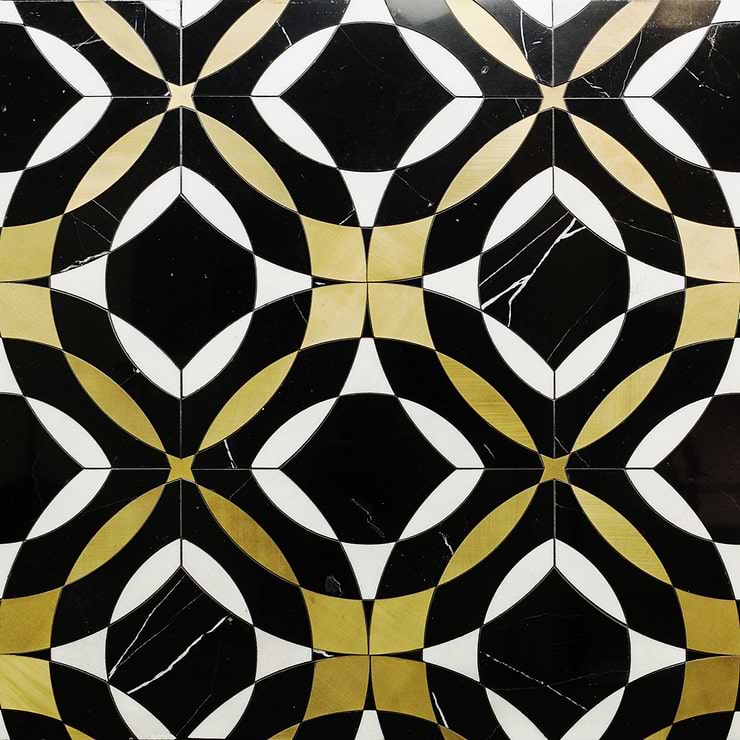 Kaleidoscope Mystique Black- White and Gold 12x12 Polished Marble Tile