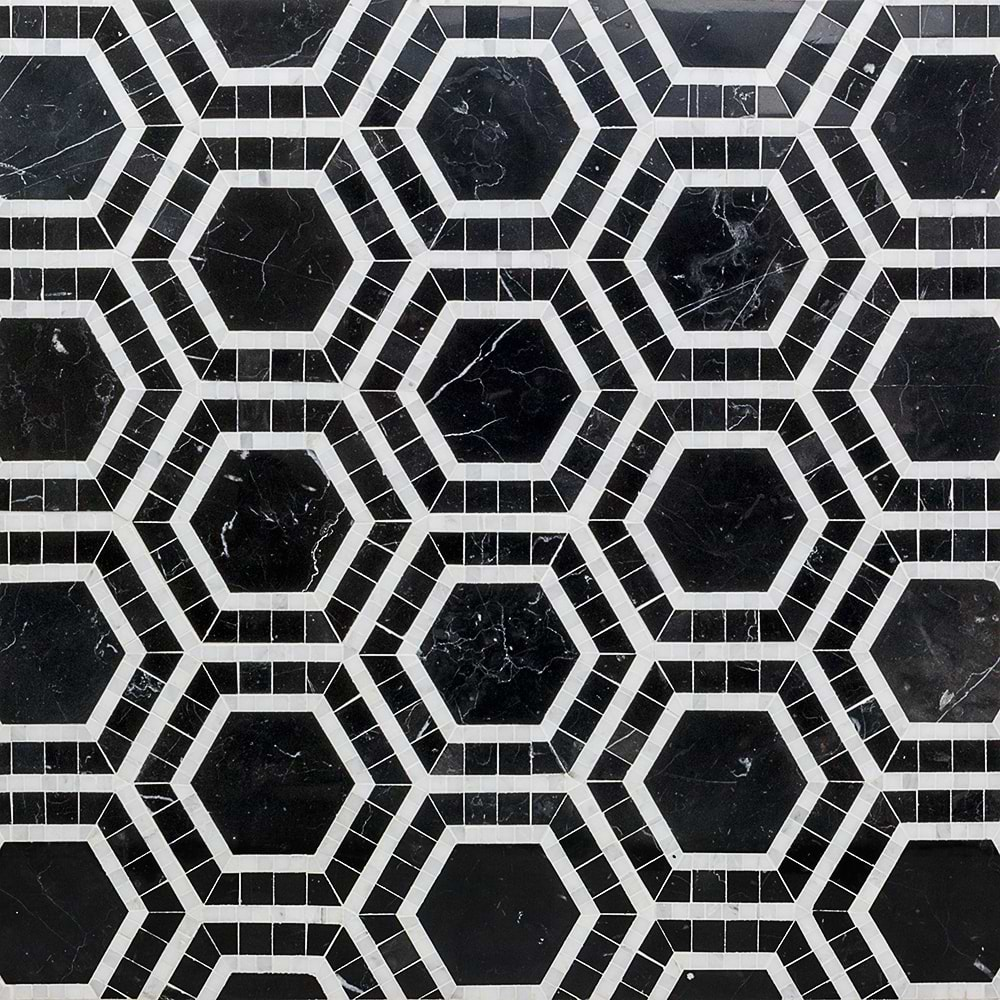 Nova Black Hole 6" Hexagon Marble Polished Mosaic Tile