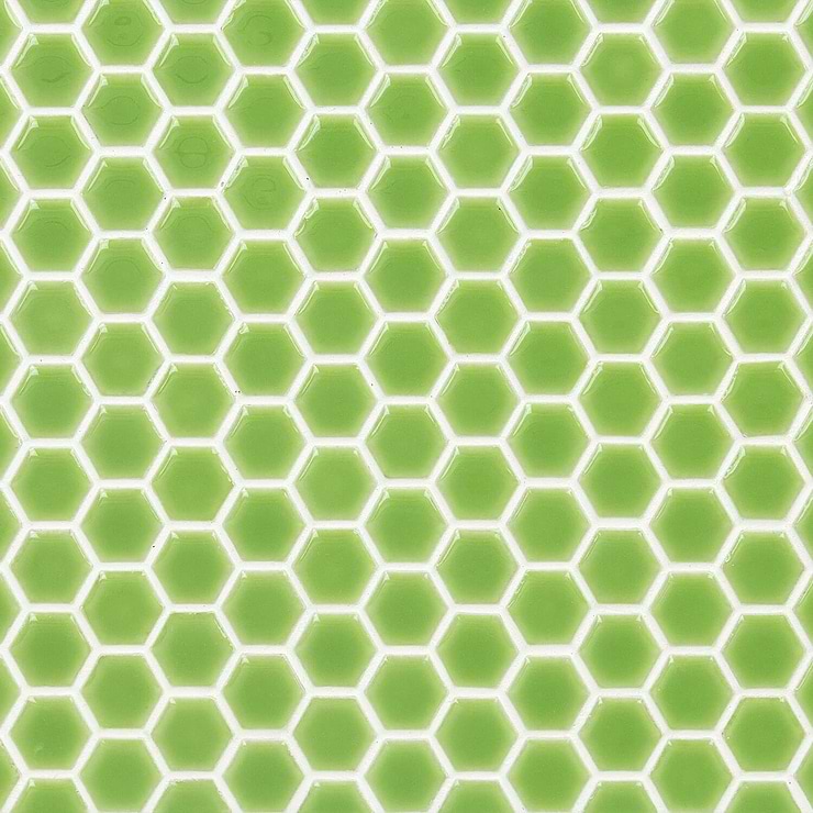 Eden Electric Lime Green 1" Rimmed Hexagon Polished Porcelain Mosaic; in Green Porcelain; for Backsplash, Bathroom Floor, Bathroom Wall, Commercial Floor, Floor Tile, Kitchen Floor, Kitchen Wall, Outdoor Wall, Shower Floor, Shower Wall, Wall Tile; in Style Ideas Beach, Classic, Contemporary, Mediterranean, Mid Century, Transitional, Tropical, Whimsical; released 2024; new, trends