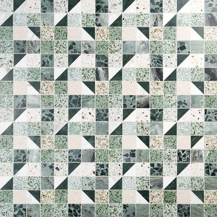 Elizabeth Sutton Artem Turaco Green 3x3 Polished & Honed Marble and Terrazzo Mosaic Tile