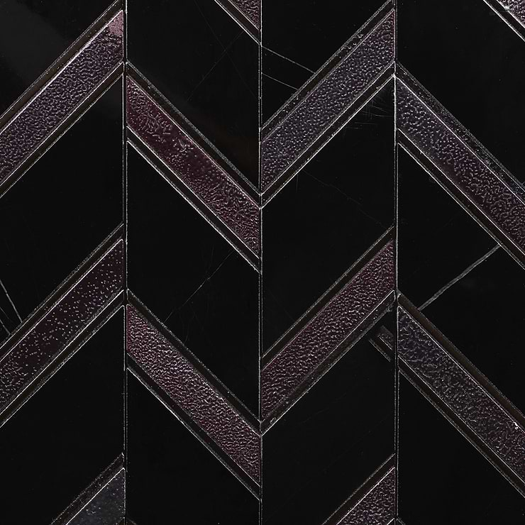 Magma Chevron Barcelona Nero Marquina Black and Iron Lava Stone Polished Mosaic Tile