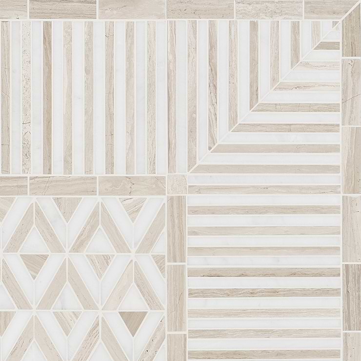 Monroe Corner Asian Statuary and Wooden Beige 8x8 Marble Mosaic Tile-  Polished