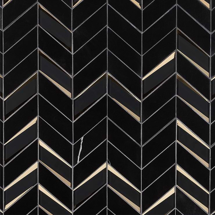 Kasol Portoro Black 2x4 Marble and Mirrored Glass Polished Mosaic Tile