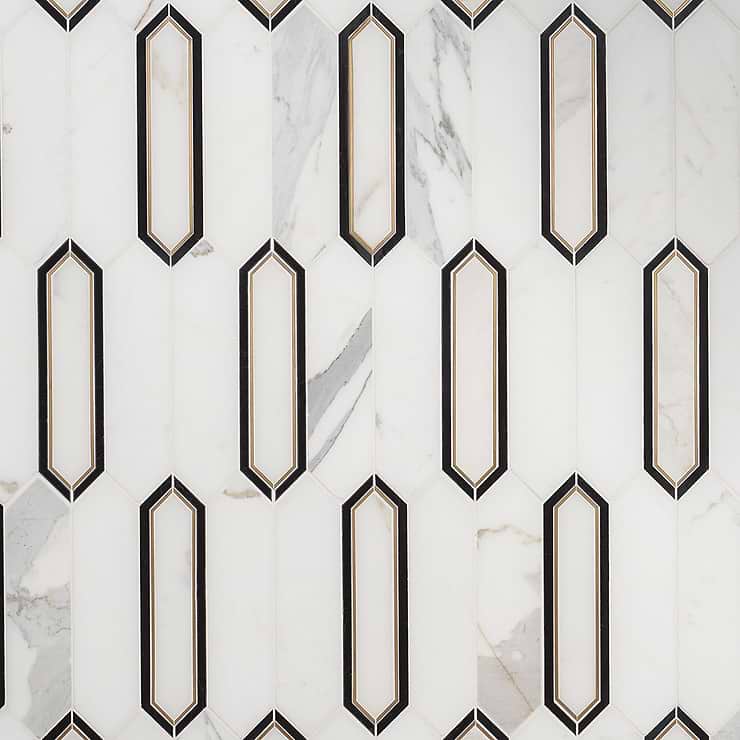 Zeus White Calacatta 2x8 Picket Polished Marble and Brass Waterjet Mosaic Tile