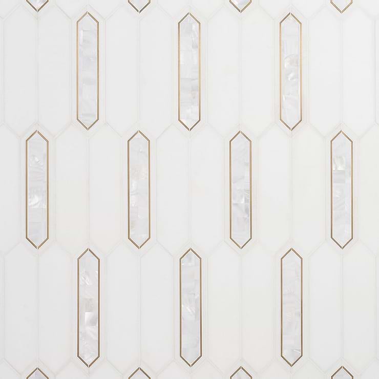 Zeus White Pearl 2x8 Picket Polished Marble- Pearl and Brass Waterjet Mosaic Tile