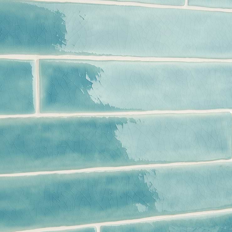 Carolina Bay 2x20 Polished Crackled Ceramic Wall Tile, Blue + Turquoise
