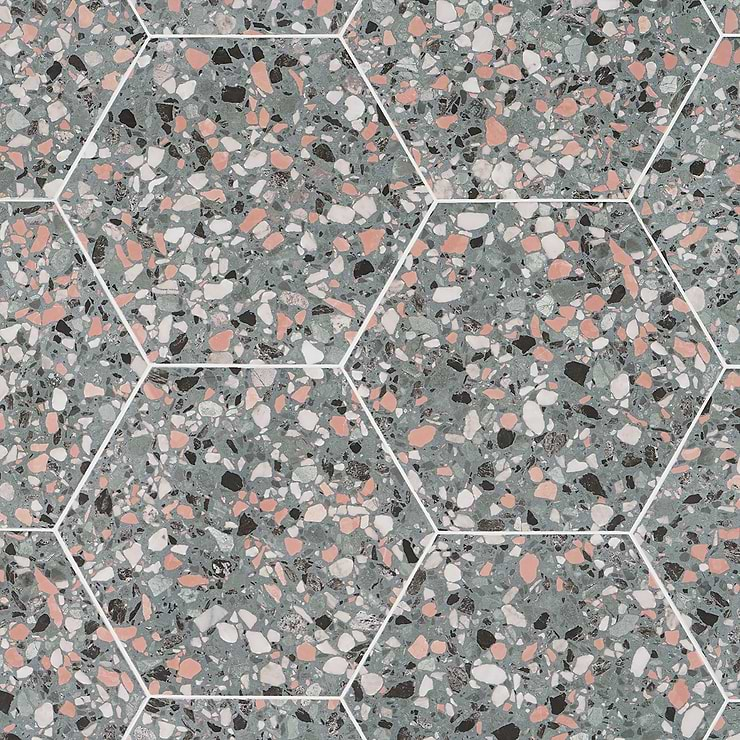 Disco-Six Hexagon Teal Green 12.5" Terrazzo Look Matte Porcelain Tile