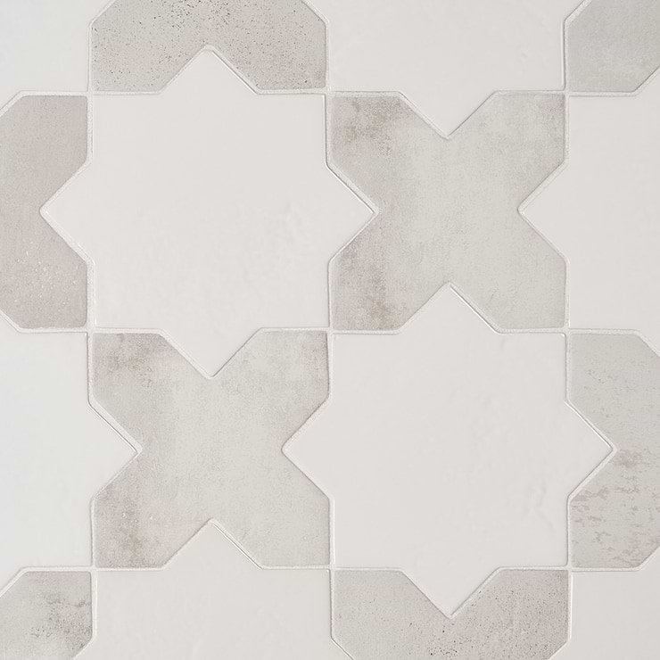 Not for Sale-Parma White Polished Star and White Matte Cross 6" Terracotta Look Porcelain Tile