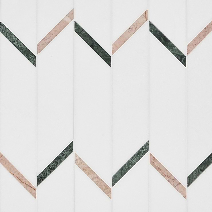 Fitz White Thassos Vera Polished Marble Mosaic Tile- Green and Pink Stripes