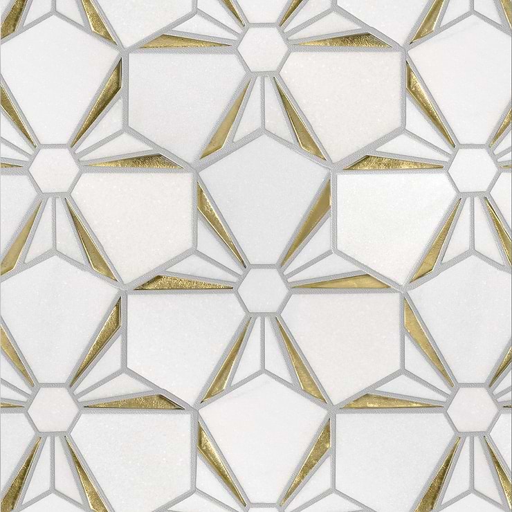 Euphoria Glass Arctic Gold Mixed Hexagon Polished Thassos Marble Mosaic Tile
