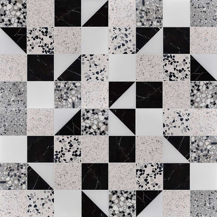 Elizabeth Sutton Artem Pica Black & White 3x3 Polished & Honed Marble and Terrazzo Mosaic Tile