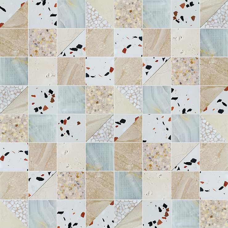 Elizabeth Sutton Artem Paloma Beige & Cream 3x3 Polished & Honed Marble and Terrazzo Mosaic Tile