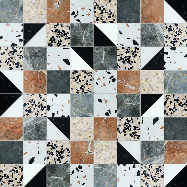 Elizabeth Sutton Artem Wren Terracotta & Gray 3x3 Polished & Honed Marble and Terrazzo Mosaic Tile