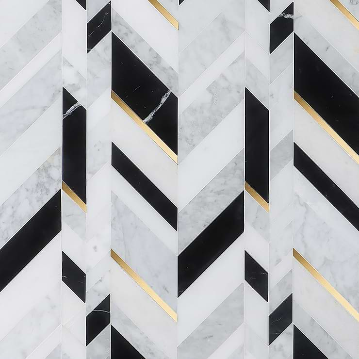 Amari Nero Blanco Polished Marble and Brass Mosaic Tile