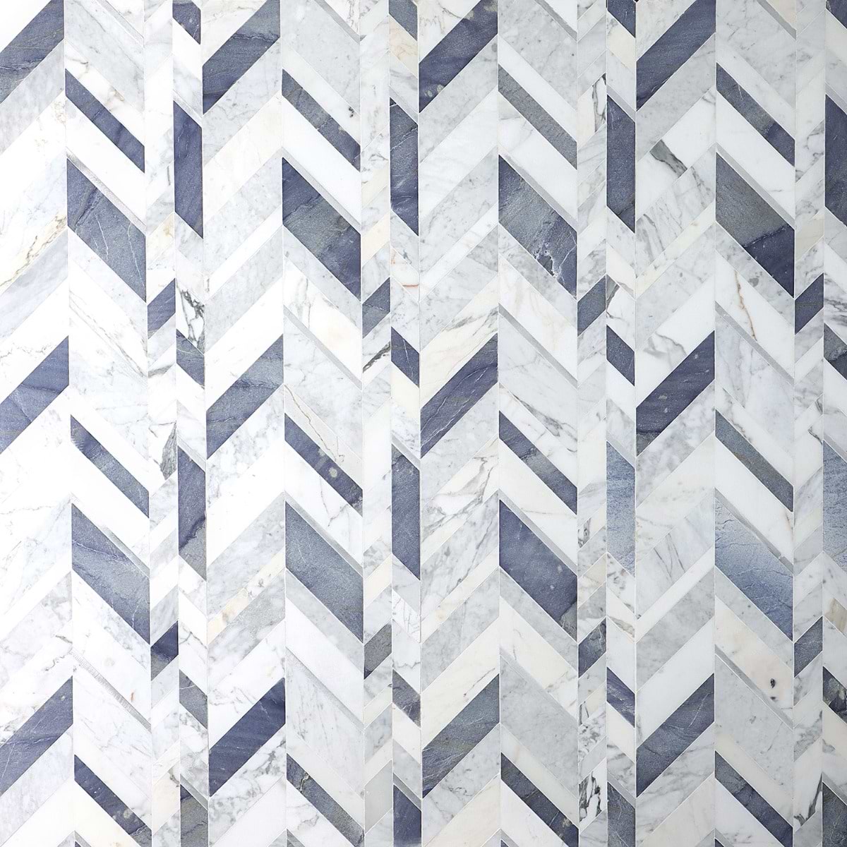 Amari Azur Polished Marble and Aluminum Chevron Mosaic Tile- Blue- White- Silver