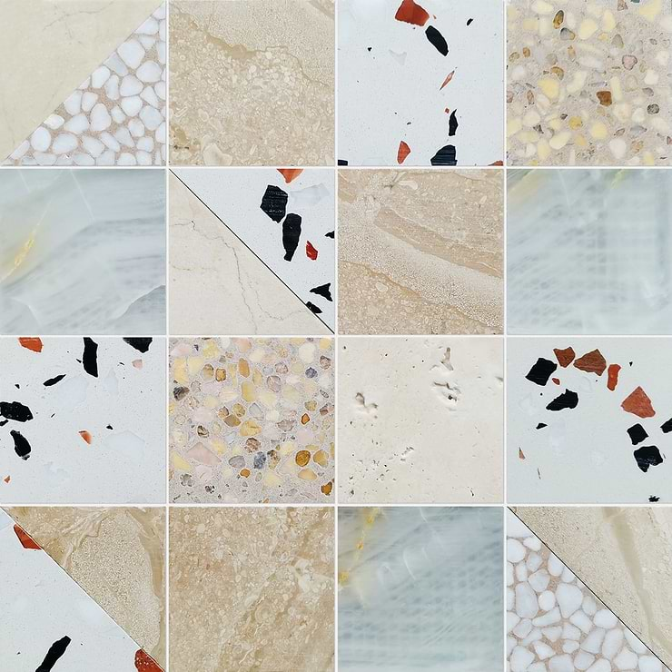 Elizabeth Sutton Artem Paloma Beige & Cream 3x3 Polished & Honed Marble and Terrazzo Mosaic Tile