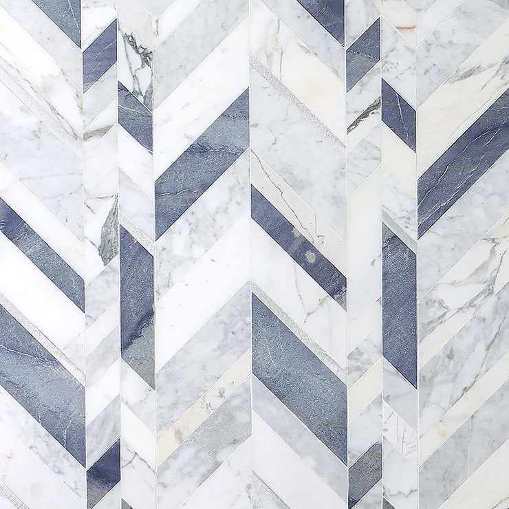 Amari Azur Polished Marble and Aluminum Chevron Mosaic Tile, Blue, White, Silver