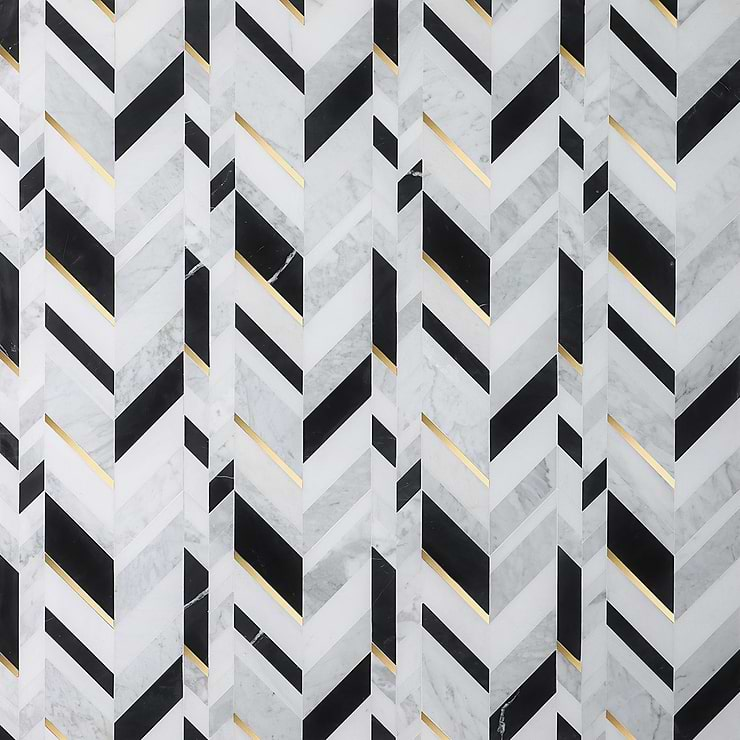 Amari Nero Blanco Polished Marble and Brass Mosaic Tile