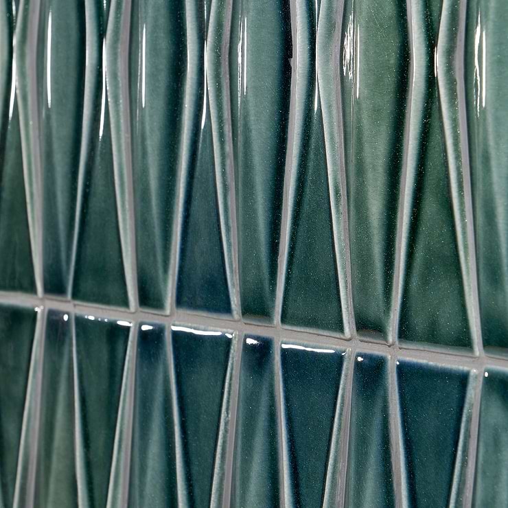 Nabi Harlequin Deep Emerald Green 2x8 Glossy Crackled Glass Mosaic Tile