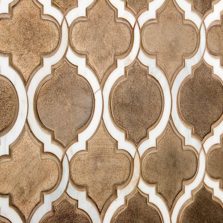 Nabi Arabesque Metallic Copper Brown 4" Mixed Finish Glass & Marble Mosaic Tile