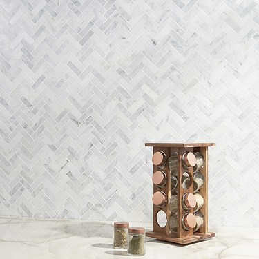 Asian Statuary White 1x3 Herringbone Polished Marble Mosaic - Sample