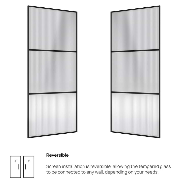 Finestra 34x74" Reversible Fixed Shower Door with Striped Fluted Glass in Matte Black