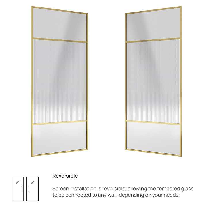 Finestra 34x74" Reversible Fixed Shower Door with Venetian Fluted Glass in Brushed Gold