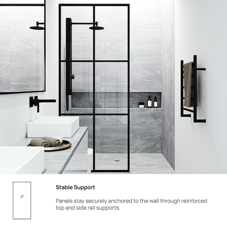 Finestra 34x74" Reversible Fixed Shower Door with Large Grid Clear Glass in Matte Black