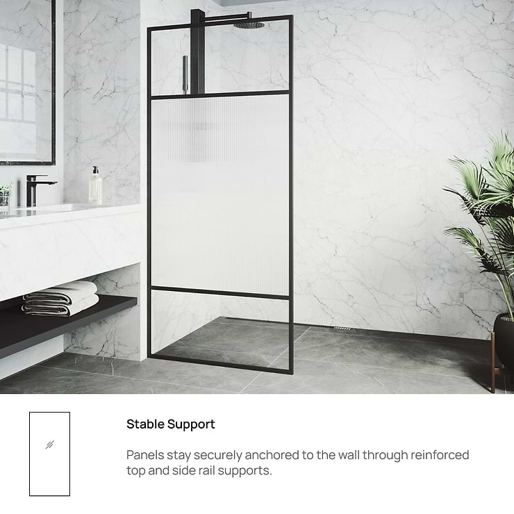 Finestra 34x74" Reversible Fixed Shower Door with Venetian Fluted Glass in Matte Black