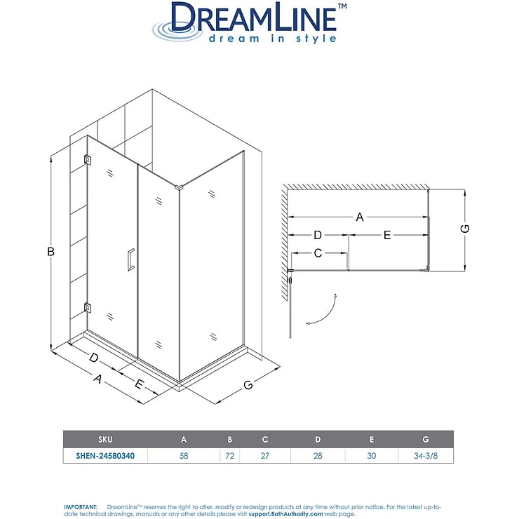 DreamLine Unidoor Plus 58-58x34.375x72" Reversible Hinged Enclosure Door with Clear Glass in Brushed Nickel