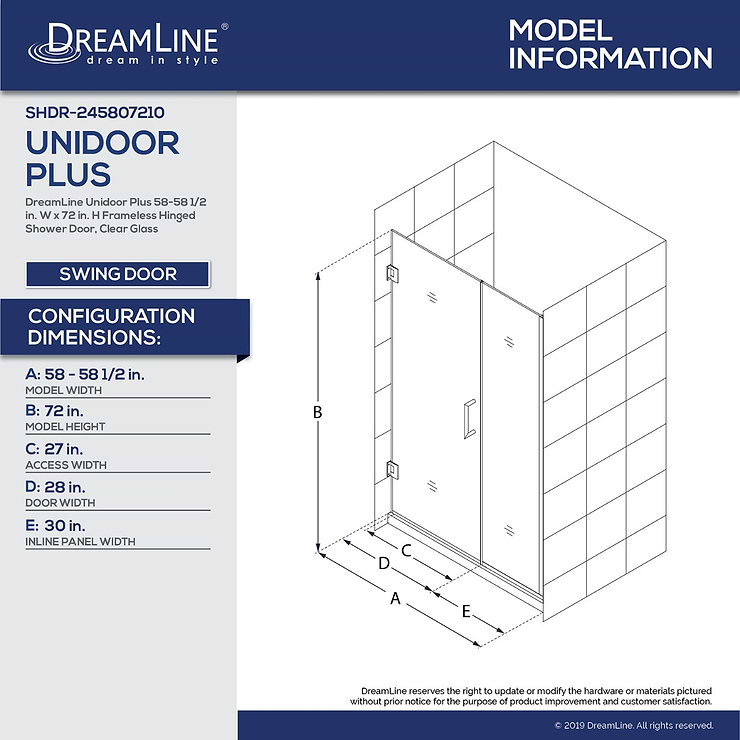 DreamLine Unidoor Plus 58-58.5x72" Reversible Hinged Shower Alcove Door with Clear Glass in Brushed Nickel