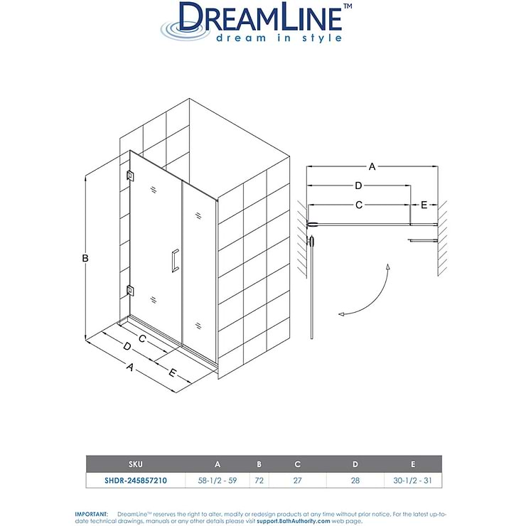 DreamLine Unidoor Plus 58-58.5x72" Reversible Hinged Shower Alcove Door with Clear Glass in Chrome