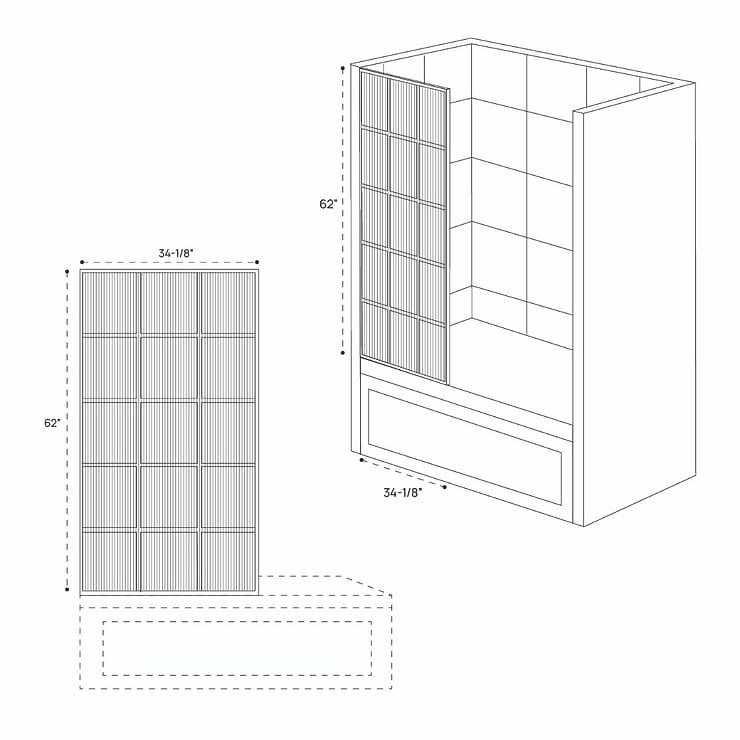 Finestra 34x62" Reversible Fixed Bathtub Door with Grid Fluted Glass in Matte Black