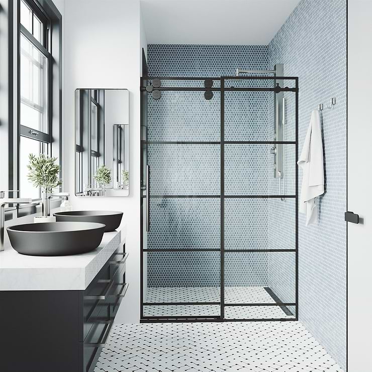 Gemello 72x74 Reversible Sliding Shower Door with Grid Glass in Matte Black; in Style Ideas Classic, Contemporary, Modern, Traditional, Transitional