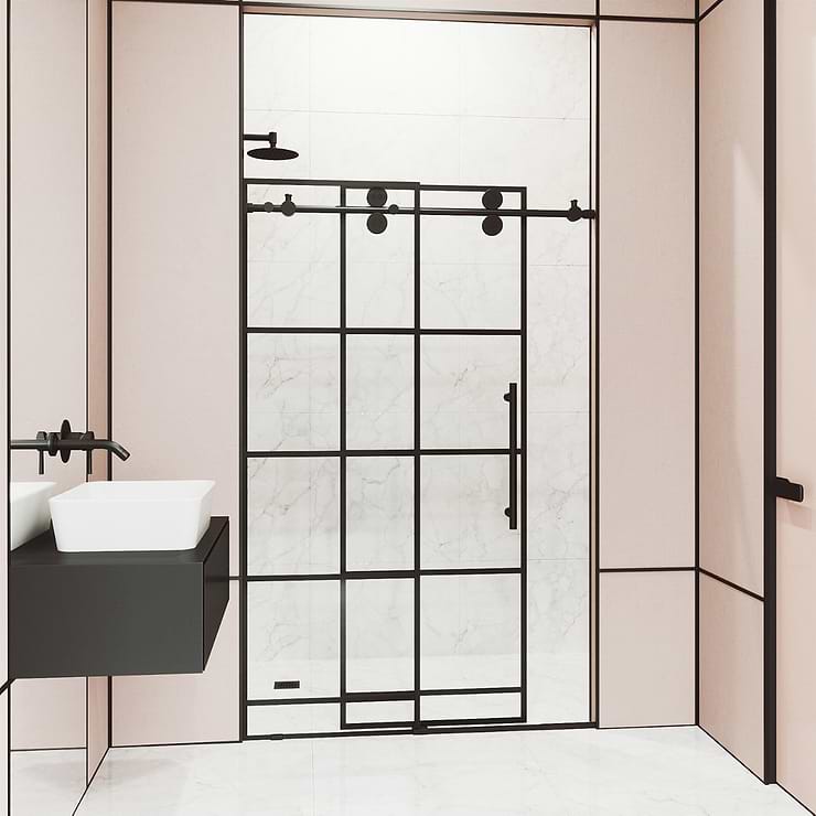 Gemello 72x74 Reversible Sliding Shower Door with Grid Glass in Matte Black
