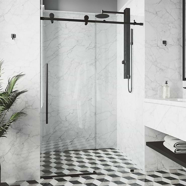 Volare 48x76 Reversible Sliding Shower Door with Clear Glass in Matte Black
