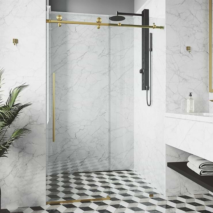 Volare 48x76 Reversible Sliding Shower Door with Clear Glass in Brushed Gold