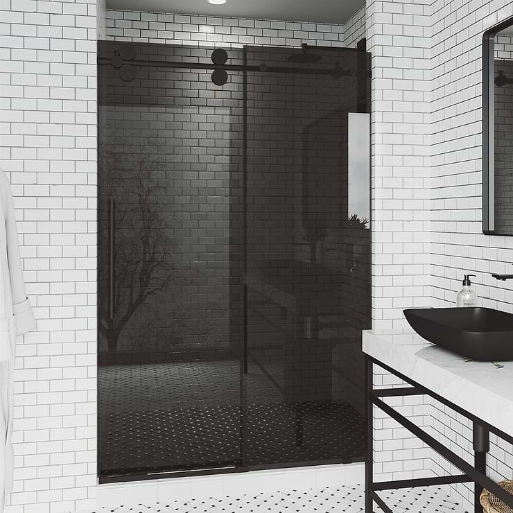 Gemello 60x74 Reversible Sliding Shower Door with Black Glass in Matte Black