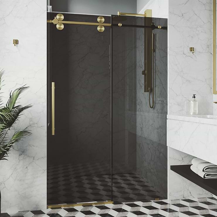 Gemello 60x74 Reversible Sliding Shower Door with Black Glass in Brushed Gold