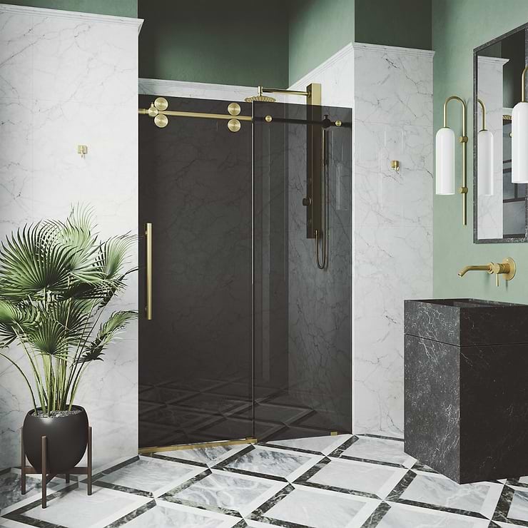 Gemello 72x74 Reversible Sliding Shower Door with Black Glass in Brushed Gold