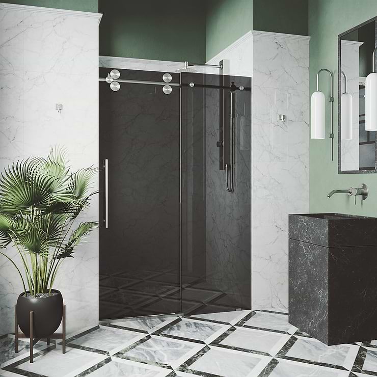Gemello 72x74 Reversible Sliding Shower Door with Black Glass in Stainless Steel