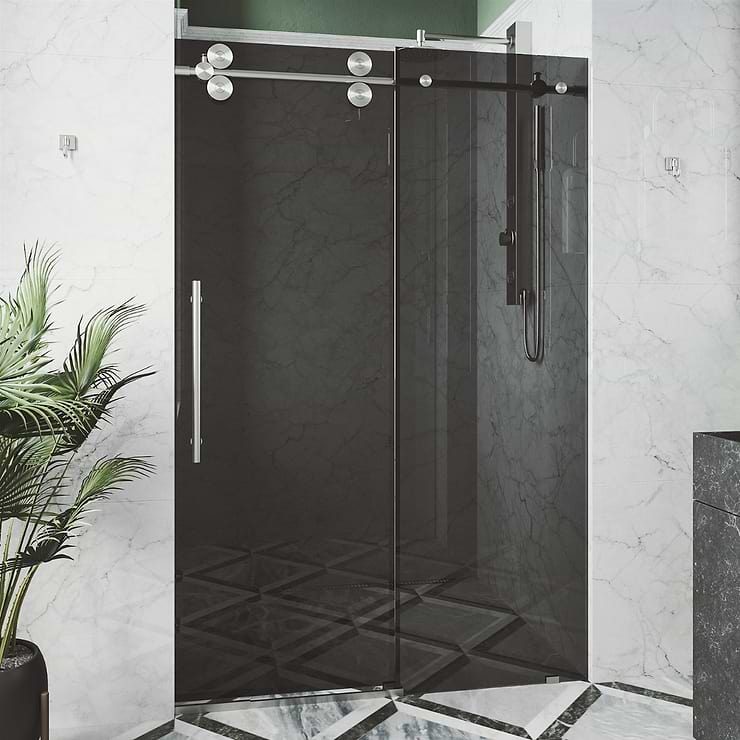 Gemello 72x74 Reversible Sliding Shower Door with Black Glass in Stainless Steel
