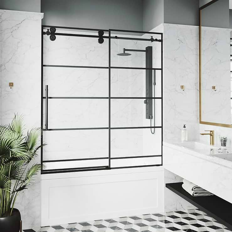 Gemello 60x66 Reversible Sliding Bathtub Door with Grid Glass in Matte Black