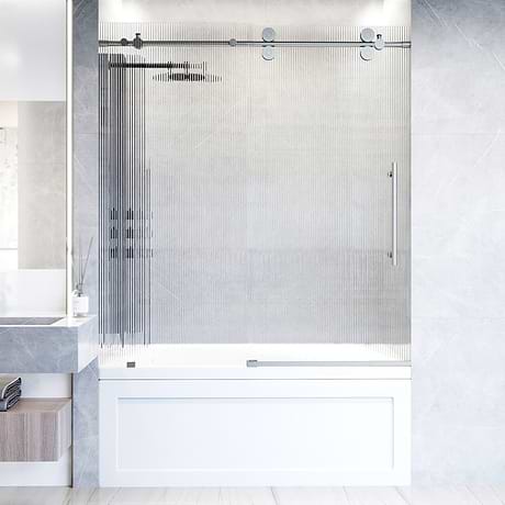 Gemello 60x66 Right Sliding Bathtub Door with Fluted Glass in Stainless Steel