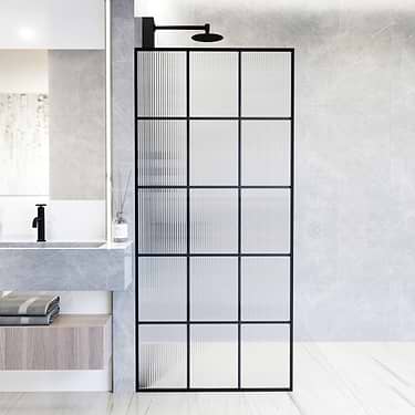 Finestra 34x74 Reversible Fixed Shower Door with Grid Fluted Glass in Matte Black