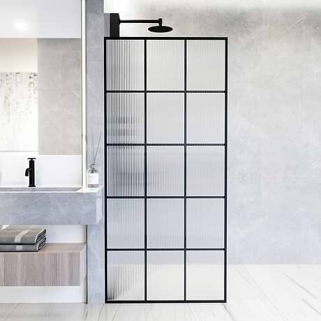 Finestra 34x74 Reversible Fixed Shower Door with Grid Fluted Glass in Matte Black