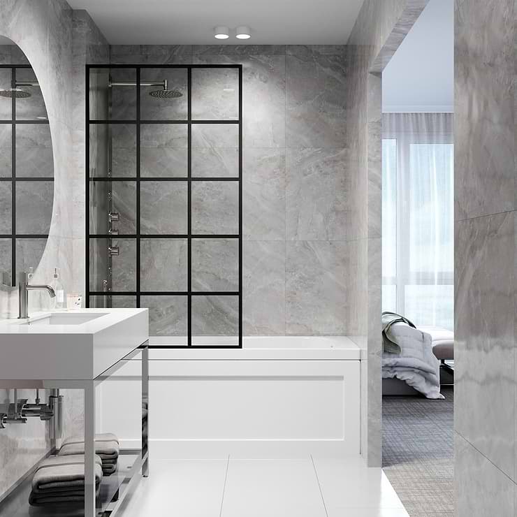 Finestra 34x62 Reversible Screen Bathtub Door with Grid Glass in Matte Black