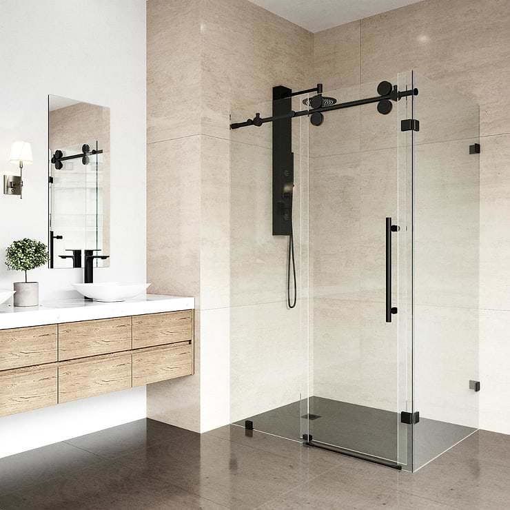 Legato 36x48x74 Reversible Sliding Enclosure Shower Door with Clear Glass in Matte Black