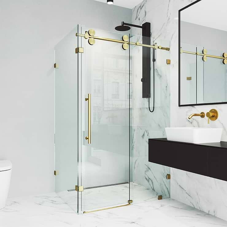 Legato 36x48x74 Reversible Sliding Enclosure Shower Door with Clear Glass in Brushed Gold